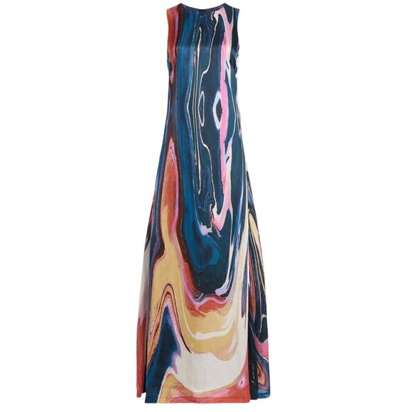 Derek Lam Blue Watercolor Maxi Dress Size 8 A-line Satin Vacation Designer $650 - Picture 10 of 16
